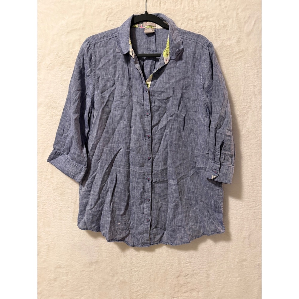 Chico's No Iron Linen Shirt Womens 2 L 12/14 Blue 3/4 Sleeve Button Down Blouse